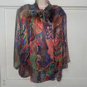 Carry Back vintage Paisley silk Blouse Tie Neck Long Sleeve Colorful shimmer Top
